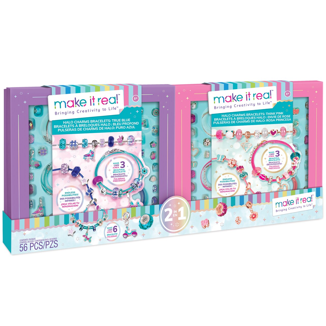 Make It Real: Halo Charms 2-In-1 - True Blue & Think Pink (1721 + 1722) - Create 6 Metallic Bracelets, 56 Pieces, All-In-One, DIY Unique Charm & Bead Jewelry Kit, Tweens & Girls, Arts & Crafts, Kids Ages 8+